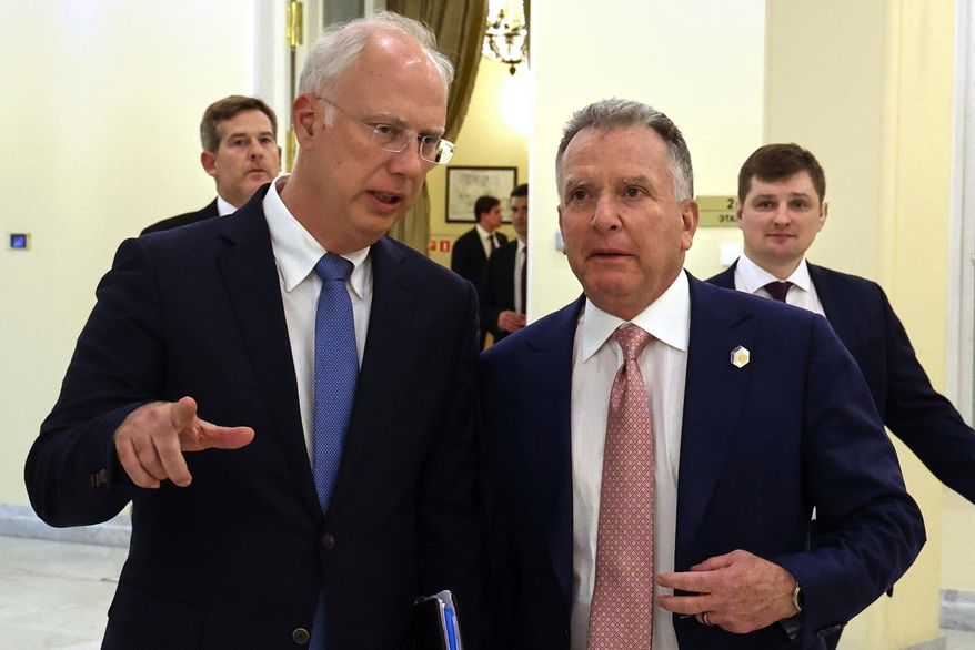 Russian President Vladimir Putin's envoy Kirill Dmitriev, left, and U.S. President Donald Trump's special envoy Steve Witkoff attend talks in St. Petersburg, Russia, on April 11, 2025. (Vyacheslav Prokofyev, Sputnik, Kremlin Pool Photo via AP, File)