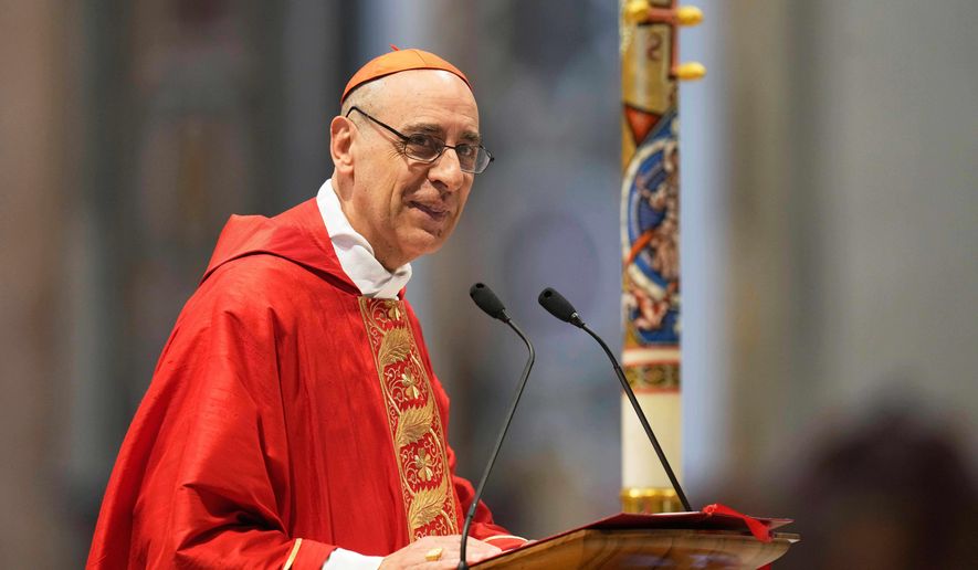 Cardinal Victor Manuel Fernandez delivers his speech during a mass on the sixth of nine days of mourning for late Pope Francis, in St. Peter's Basilica at the Vatican, May 1, 2025. (AP Photo/Gregorio Borgia, File)