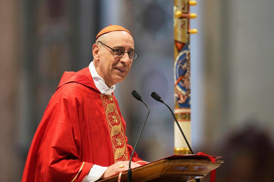 Cardinal Victor Manuel Fernandez delivers his speech during a mass on the sixth of nine days of mourning for late Pope Francis, in St. Peter's Basilica at the Vatican, May 1, 2025. (AP Photo/Gregorio Borgia, File)
