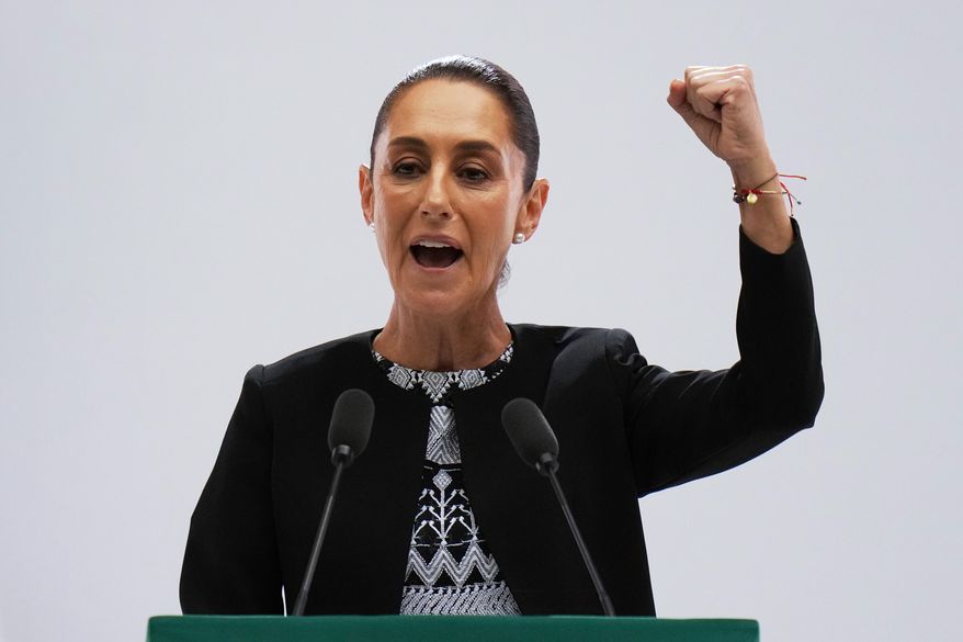 Mexican President Claudia Sheinbaum speaks at her first state-of-the-nation address at the National Palace in Mexico City, Sept. 1, 2025. (AP Photo/Eduardo Verdugo, File)