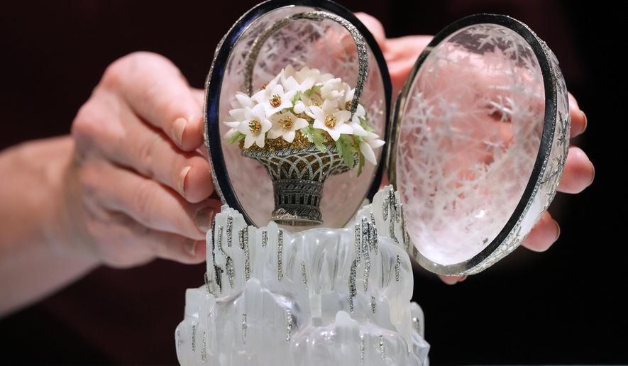 The Winter Egg by Faberge is displayed at Christie's auction rooms in London, Thursday, Nov. 27, 2025, it is expected to sell for in excess of 20 million UK Pounds when it is auctioned on Dec. 2. (AP Photo/Kirsty Wigglesworth)