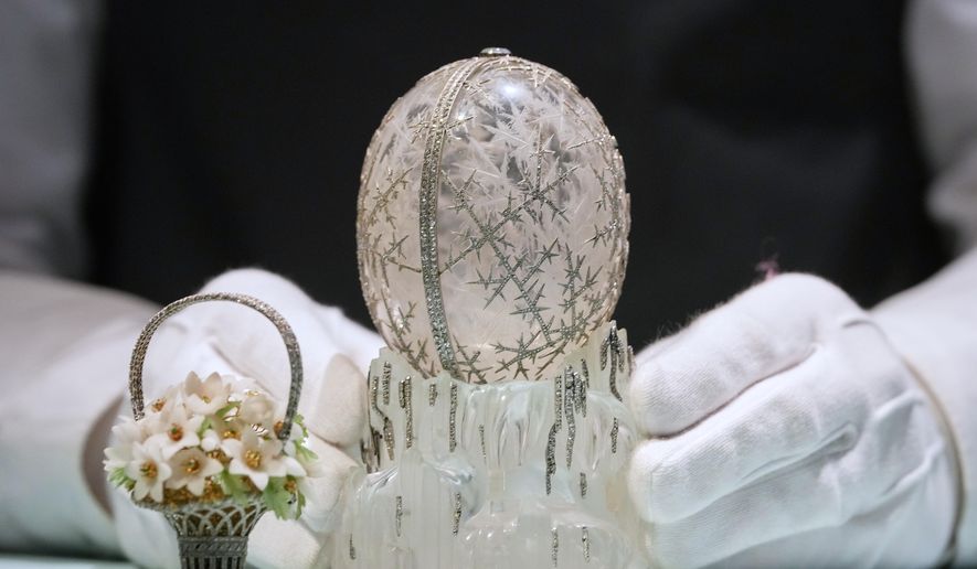 The Winter Egg by Faberge is displayed at Christie's auction rooms in London, Thursday, Nov. 27, 2025, it is expected to sell for in excess of 20 million UK Pounds when it is auctioned on Dec. 2. (AP Photo/Kirsty Wigglesworth)
