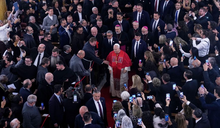 Pope Leo XIV arrives for a meeting with the clergy at the Cathedral of the Holy Spirit, in Istanbul, Turkey, Friday, Nov. 28, 2025. (AP Photo/Domenico Stinellis)