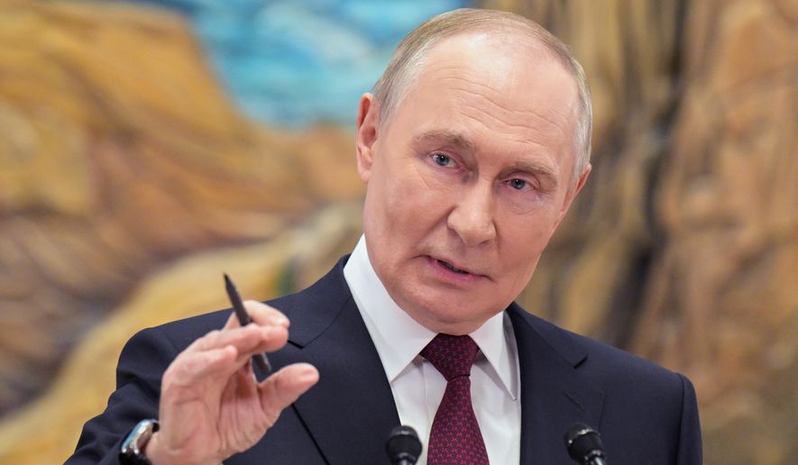 Russian President Vladimir Putin gestures as he speaks to Russian journalists after the summit of the Collective Security Treaty Organisation (CSTO) in Bishkek, Kyrgyzstan, Nov. 27, 2025. (Alexei Nikolsky, Sputnik, Kremlin Pool Photo via AP, File)