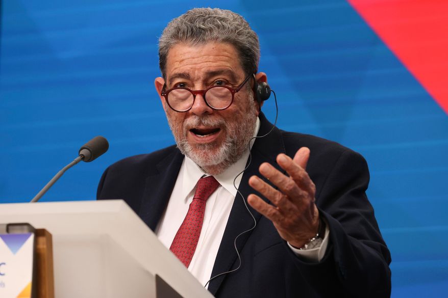 FILE - Saint Vincent and Grenadines Prime Minister Ralph Gonsalves talks to journalists during a news conference at the end of the third EU-CELAC summit in Brussels, Belgium, Tuesday, July 18, 2023. (AP Photo/Francois Walschaerts, File)