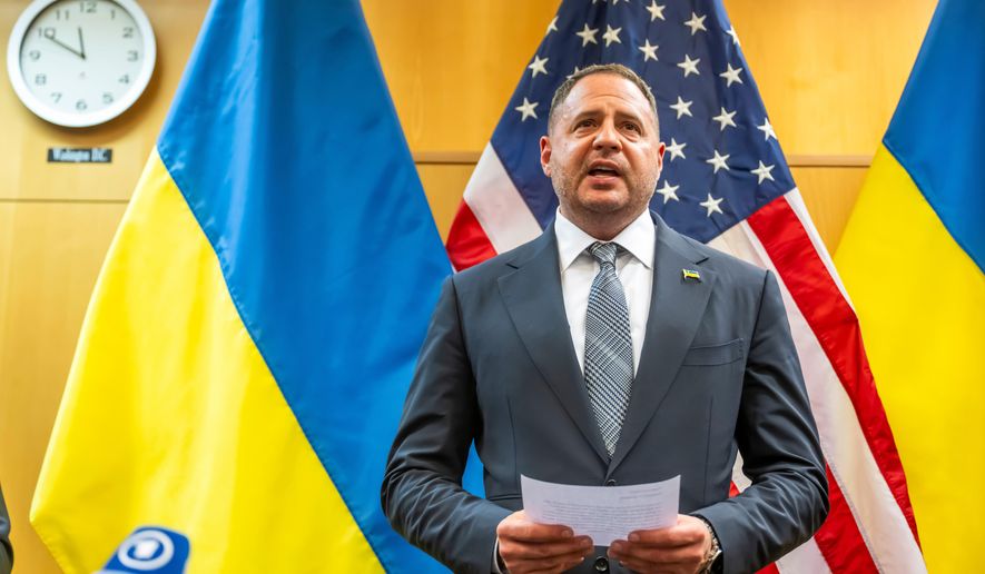 Head of the Office of the President of Ukraine Andrii Yermak talks to the press at the U.S. Mission to International Organizations in Geneva, Switzerland, Sunday, Nov. 23, 2025. (Martial Trezzini/Keystone via AP)