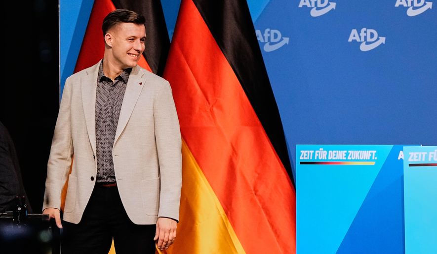 Jean-Pascal Hohm is seen after he was elected AfD youth leader during the re-founding of the AfD youth organization in Giessen, Germany, early Saturday, Nov. 29, 2025. (AP Photo/Martin Meissner)
