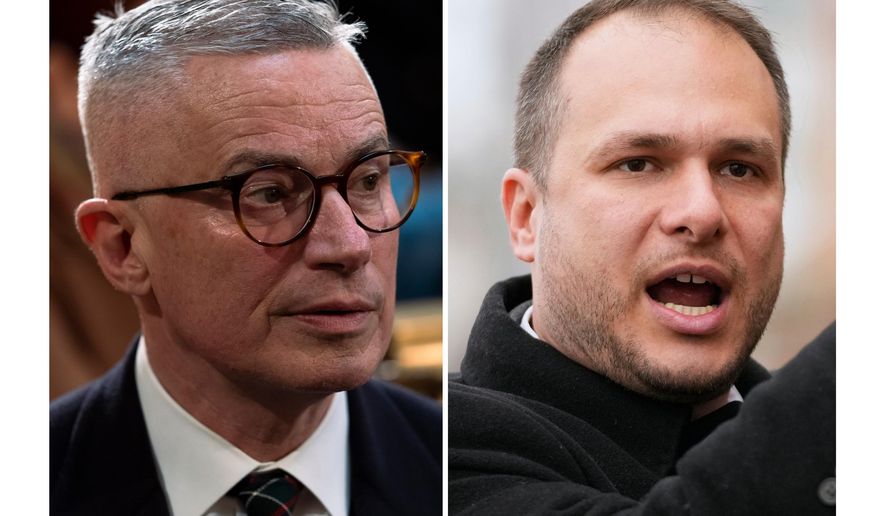 This combination image shows Jim McGreevey, left, in Trenton, N.J., Jan. 10, 2023, and James Solomon, Nov. 25, 2025, in Jersey City, N.J. (AP Photo/Matt Rourke, Frank Franklin II, file)