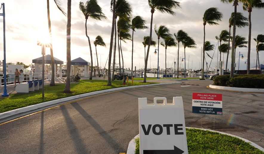 Signs indicate a polling place at Miami City Hall, on Election Day, Tuesday, Nov. 4, 2025, in Miami. (AP Photo/Rebecca Blackwell)