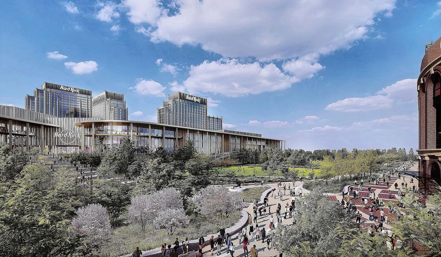 FILE - This image rendering provided by Hard Rock International, shows the Hard Rock's casino proposal in the Queens borough of New York, adjacent to Citified. (Hard Rock International via AP, File)