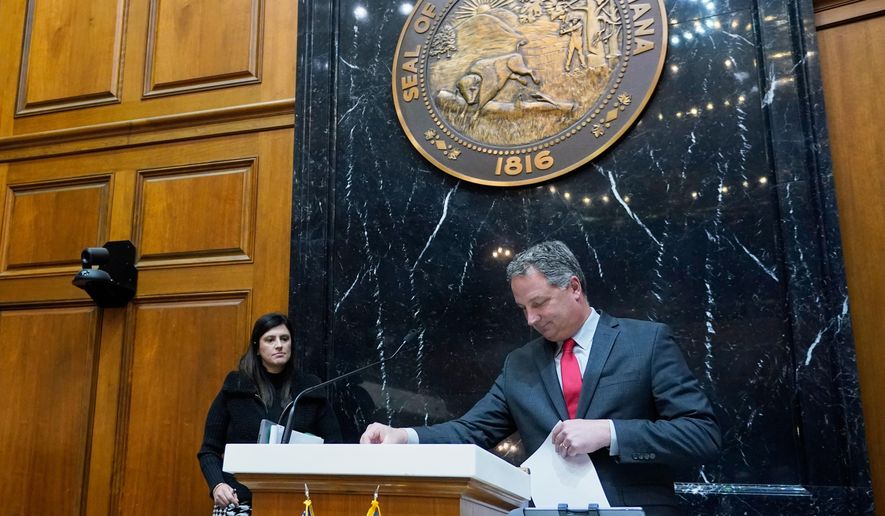 Indiana Republican House Speaker Todd Huston leaves the podium in the house chamber at the Statehouse, Jan. 8, 2024, in Indianapolis. (AP Photo/Darron Cummings, File)