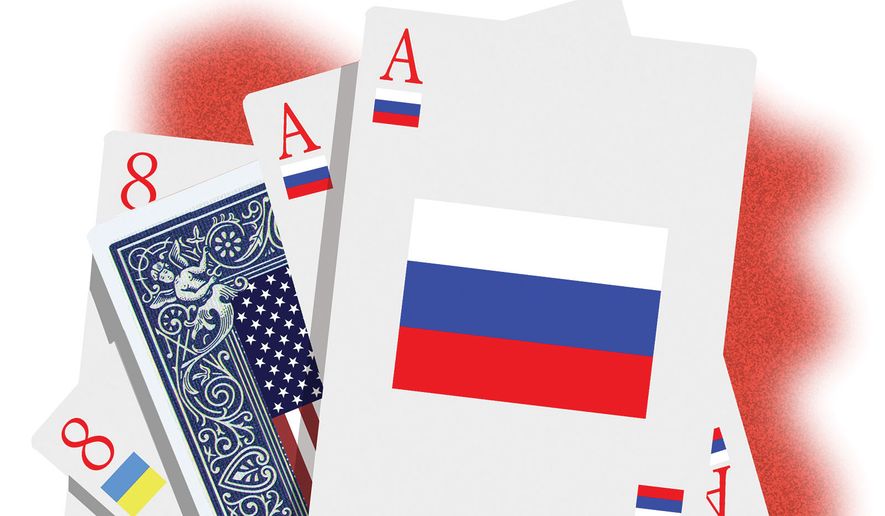 Ukrainian President Volodymyr Zelenskyy's cards in Ukraine war with Russia illustration by Alexander Hunter/The Washington Times