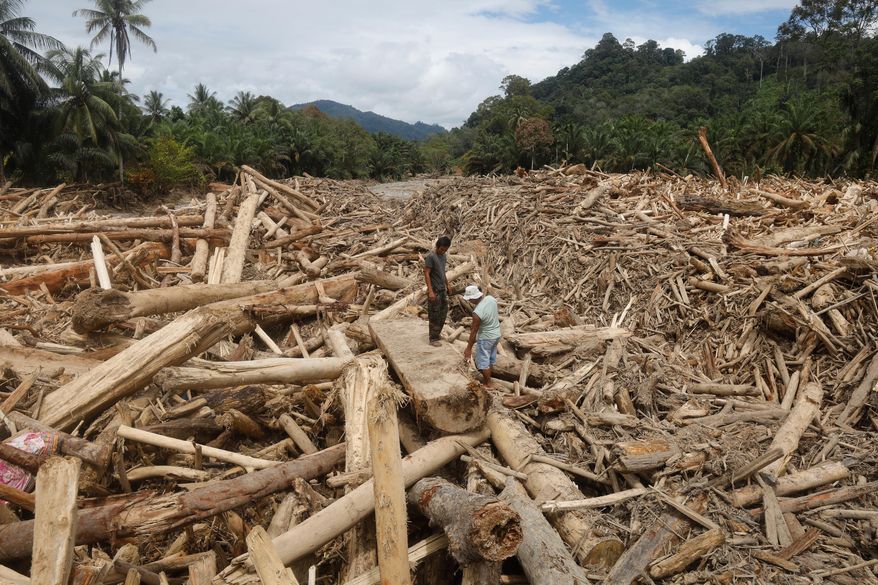 Men stand on logs swept away by flash flood in Batang Toru, North Sumatra, Indonesia, Tuesday, Dec. 2, 2025. (AP Photo/Binsar Bakkara)