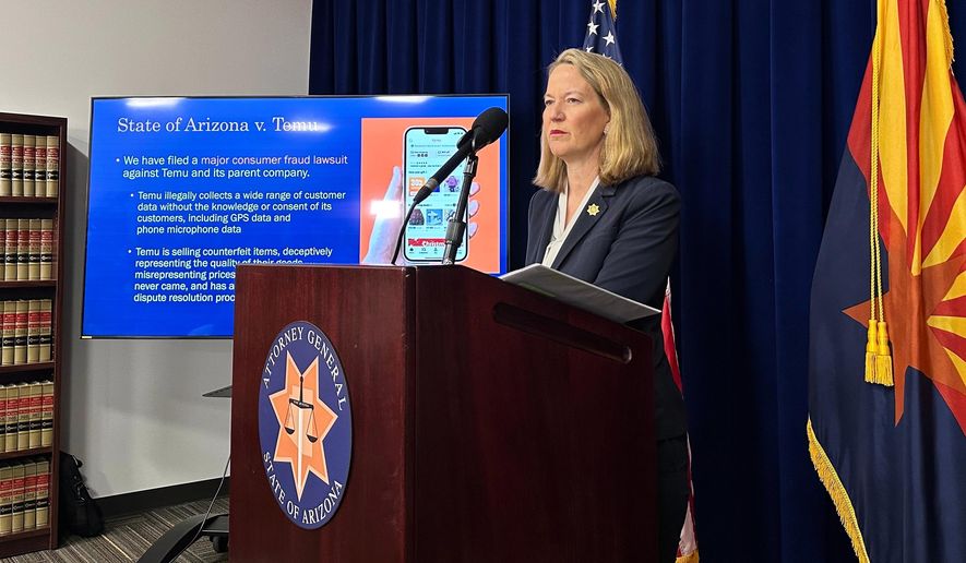 Arizona Attorney General Kris Mayes speaks at a news conference about her lawsuit against Chinese online retailer Temu in Phoenix on Tuesday, Dec. 2, 2025. (AP Photo/Sejal Govindarao)