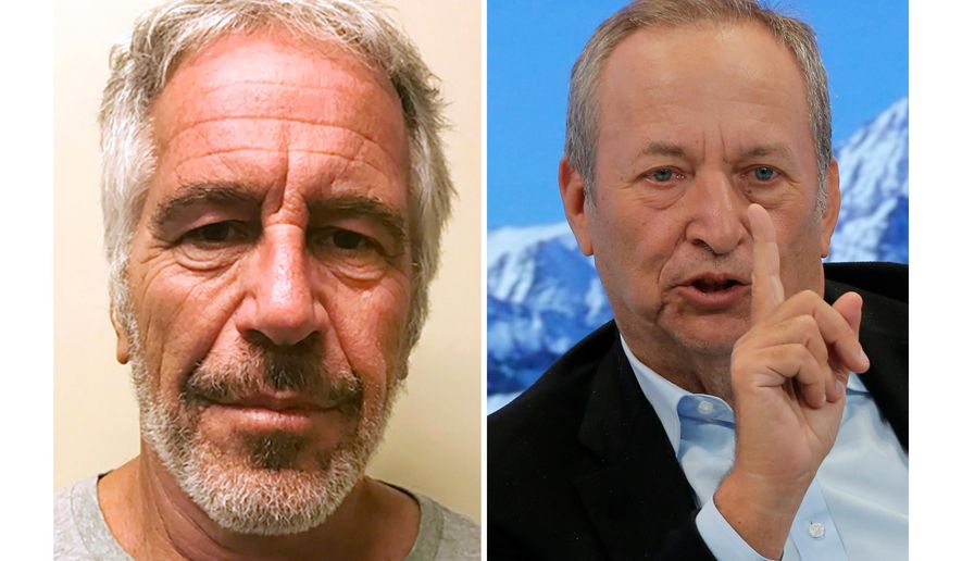 FILE - This combo shows Jeffrey Epstein, left, and U.S. economist Larry Summers. (New York State Sex Offender Registry via AP/Michel Euler, File)