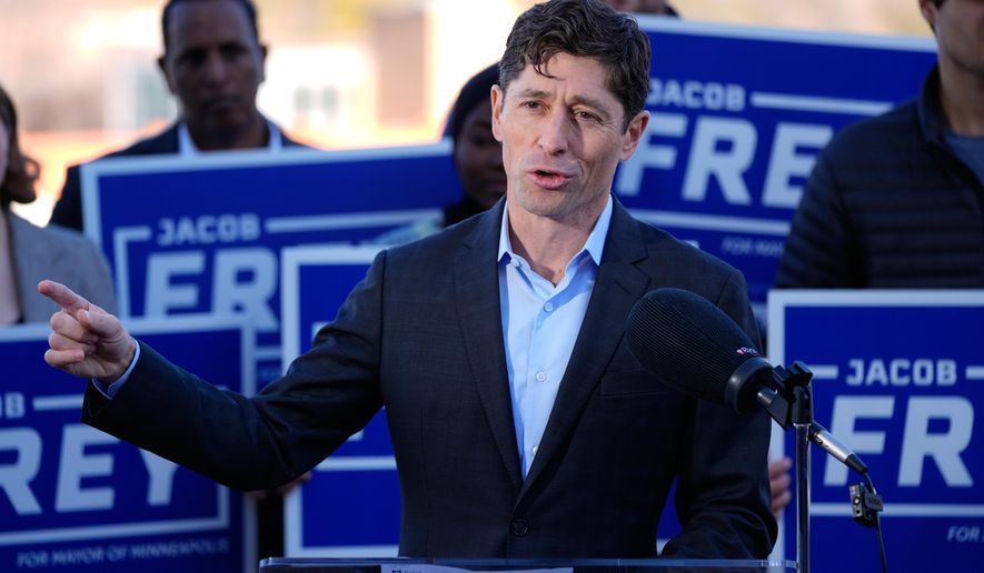 FILE - Minneapolis Mayor Jacob Frey talks during a news conference after winning a third term in the city's ranked-choice voting election, Wednesday, Nov. 5, 2025, in Minneapolis. (AP Photo/Abbie Parr, File)