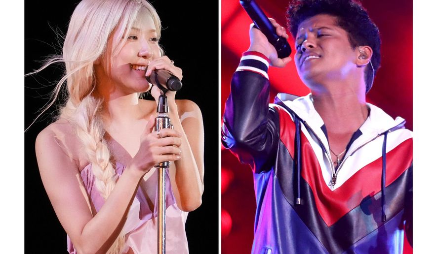 Rose performs during the Global Citizen Festival in New York on Sept. 27, 2025, left, and Bruno Mars performs at the 59th annual Grammy Awards in Los Angeles on Feb. 12, 2017. (AP Photo)