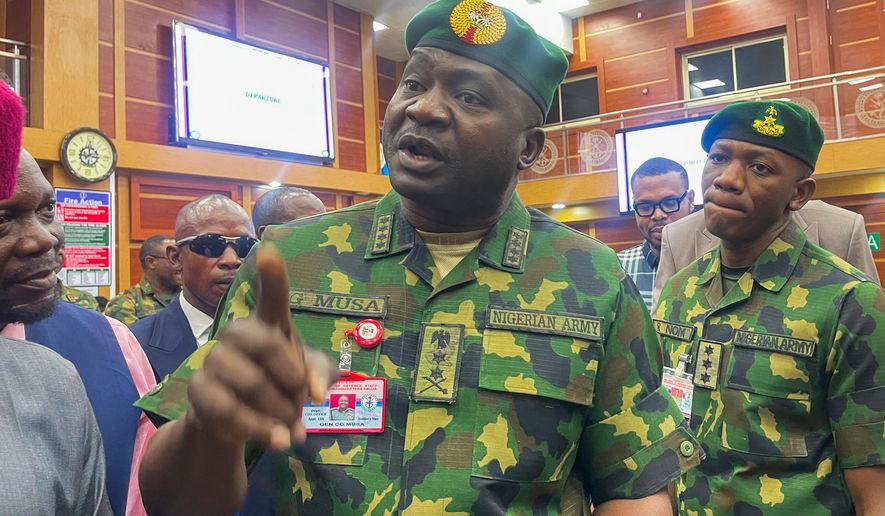 Gen. Christopher Musa, Nigerian Chief of Defense Staff, speaks to reporters in Abuja, Nigeria, Feb. 20, 2024. (AP Photo/Chinedu Asadu, File)