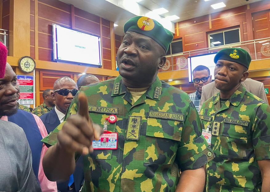 Gen. Christopher Musa, Nigerian Chief of Defense Staff, speaks to reporters in Abuja, Nigeria, Feb. 20, 2024. (AP Photo/Chinedu Asadu, File)