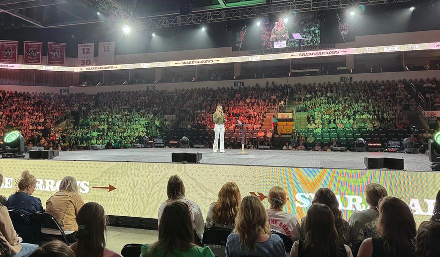 Allie Beth Stuckey speaks during the "Share the Arrows" women's conference, Oct. 11, 2025, at the Credit Union of Texas Event Center in Allen, Texas. (Kathryn Post/RNS via AP, File)