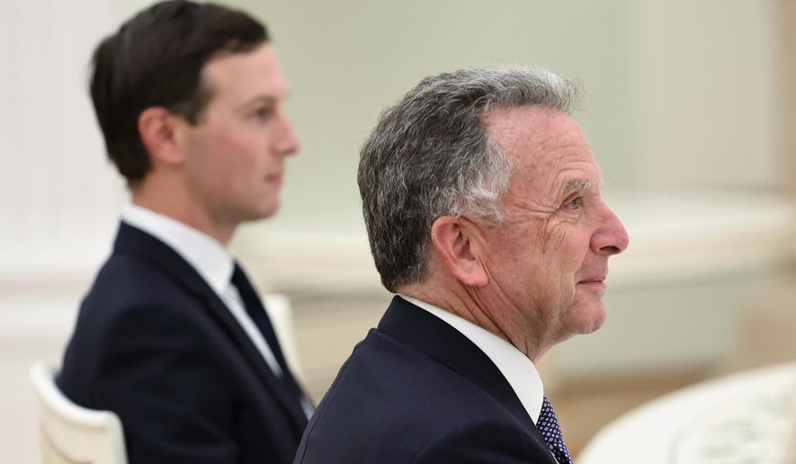 U.S. special envoy Steve Witkoff, foreground, and Jared Kushner, U.S. President Donald Trump's son-in-law, attend the talks with Russian President Vladimir Putin at the Senate Palace of the Kremlin in Moscow, Russia, Tuesday, Dec. 2, 2025. (Alexander Kazakov, Sputnik, Kremlin Pool Photo via AP)