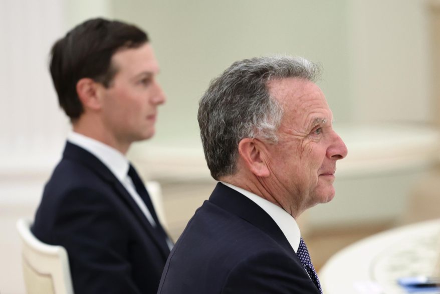 U.S. special envoy Steve Witkoff, foreground, and Jared Kushner, U.S. President Donald Trump's son-in-law, attend the talks with Russian President Vladimir Putin at the Senate Palace of the Kremlin in Moscow, Russia, Tuesday, Dec. 2, 2025. (Alexander Kazakov, Sputnik, Kremlin Pool Photo via AP)