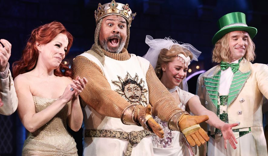 Leslie Rodriguez Kritzer, left, and James Monroe Iglehart, center, appear with other cast members at the curtain call for "Spamalot" in New York on Nov. 16, 2023. (Photo by CJ Rivera/Invision/AP, File)