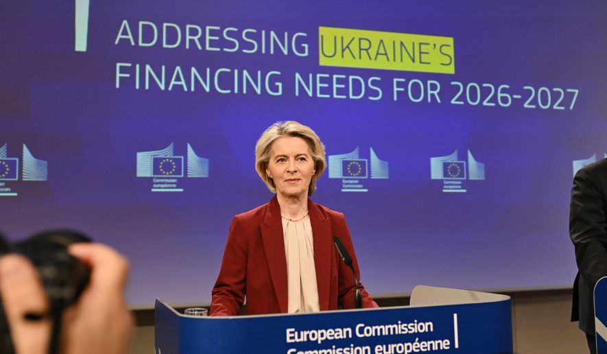 European Commission President Ursula von der Leyen addresses a media conference regarding Ukraine's financing needs for 2026-2027 at EU headquarters in Brussels, Wednesday, Dec. 3, 2025. (AP Photo/Harry Nakos)