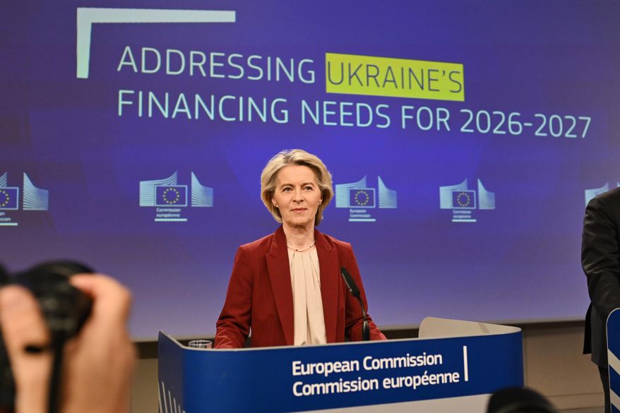 European Commission President Ursula von der Leyen addresses a media conference regarding Ukraine's financing needs for 2026-2027 at EU headquarters in Brussels, Wednesday, Dec. 3, 2025. (AP Photo/Harry Nakos)