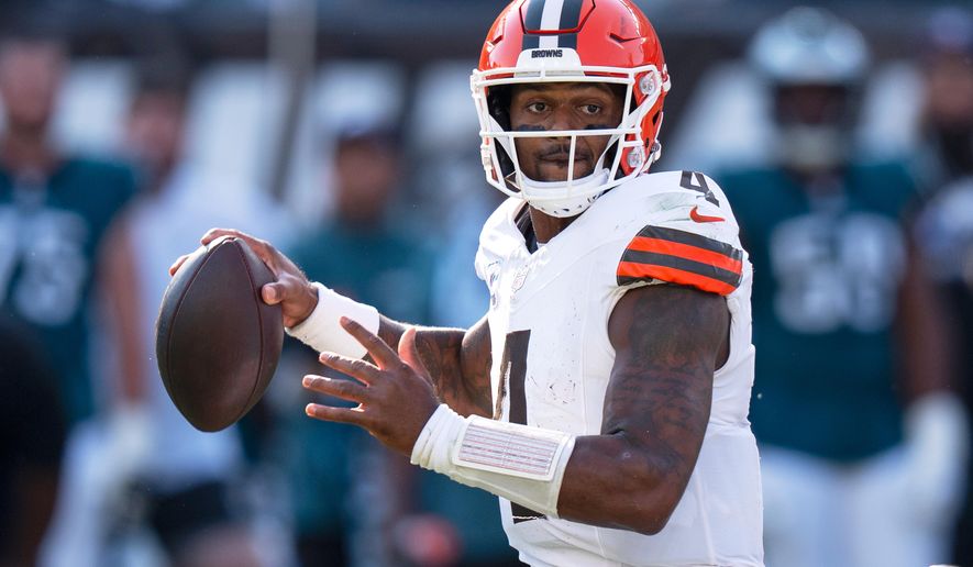 FILE - Cleveland Browns quarterback Deshaun Watson in action during the NFL football game against the Philadelphia Eagles, Oct. 13, 2024, in Philadelphia. (AP Photo/Chris Szagola, File)