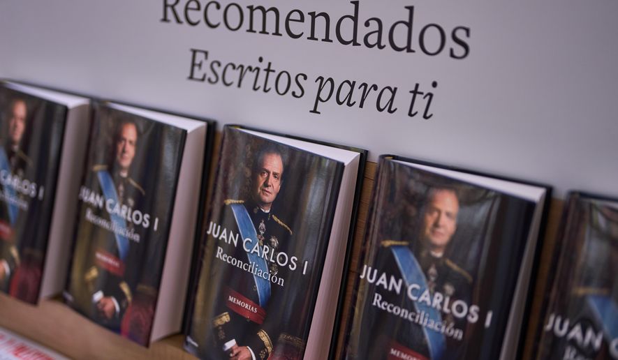 The newly released memoir "Reconciliacion" (Reconciliation) by Spain's former King Juan Carlos I, displayed inside a bookstore in Madrid, Spain, Wednesday, Dec. 3, 2025. (AP Photo/Manu Fernandez)