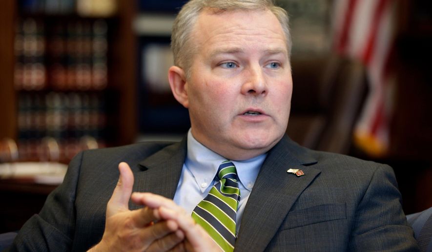 FILE - Arkansas Lt. Gov. Tim Griffin is interviewed in his office at the state Capitol, Jan. 16, 2015, in Little Rock, Ark. (AP Photo/Danny Johnston, File)