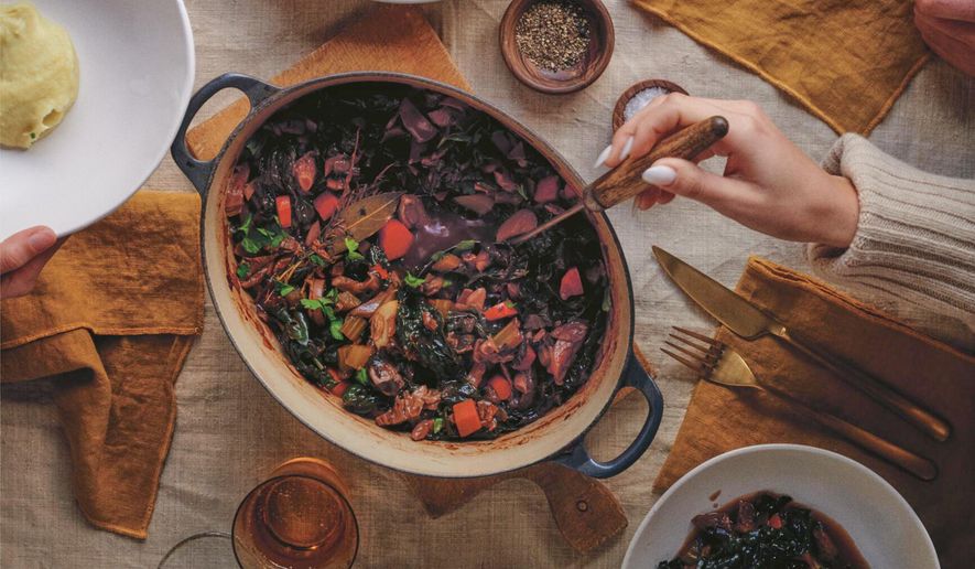 This image released by Voracious shows a recipe for vegetable bourguignon from the cookbook “I Love You: Recipes from the Heart" by Pamela Anderson. (Ditte Isager/Voracious via AP)