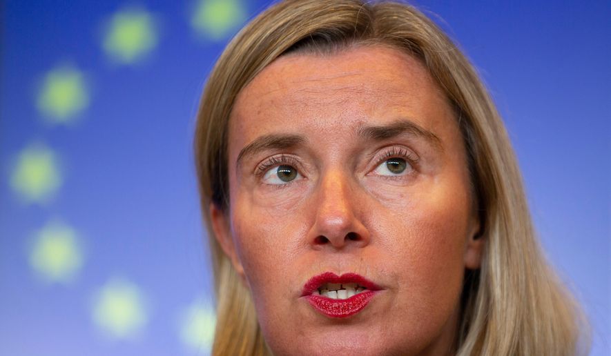 FILE - European Union foreign policy chief Federica Mogherini speaks during a media conference at the European Convention Center in Luxembourg, on Oct. 14, 2019. (AP Photo/Virginia Mayo, File)