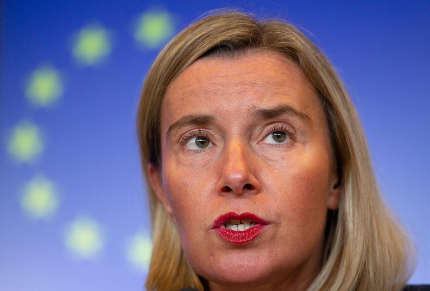 FILE - European Union foreign policy chief Federica Mogherini speaks during a media conference at the European Convention Center in Luxembourg, on Oct. 14, 2019. (AP Photo/Virginia Mayo, File)