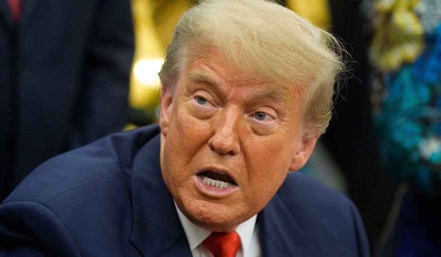 President Donald Trump answers questions from reporters as he meets with Congo's Foreign Minister Therese Kayikwamba Wagner, and Rwanda's Foreign Minister Olivier Nduhungirehe, Friday, June 27, 2025, in the Oval Office at the White House in Washington. (AP Photo/Manuel Balce Ceneta, File)