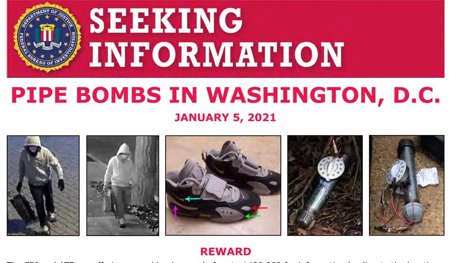This image shows part of a "Seeking Information" notice released by the Federal Bureau of Investigation regarding pipe bombs planted outside offices of the Democratic and Republican national committees in Washington on Jan. 5, 2021, on the eve of the attack on the Capitol. (FBI via AP, File)