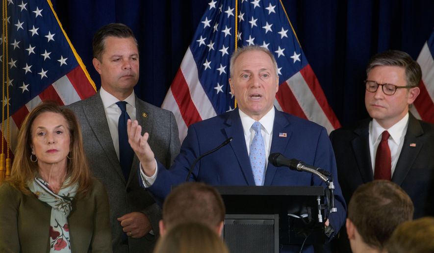 House Majority Leader Steve Scalise, R-La., second from right, is joined by from left: House Republican Conference Chairwoman Lisa McClain, R-Mich., Rep. Zachary Nunn, R-Iowa, and Speaker of the House Mike Johnson, R-La., during a news conference at the Republican National Committee on Capitol Hill, Tuesday, Dec. 2, 2025, in Washington. (AP Photo/Rod Lamkey Jr.)