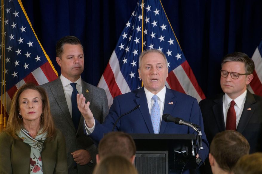 House Majority Leader Steve Scalise, R-La., second from right, is joined by from left: House Republican Conference Chairwoman Lisa McClain, R-Mich., Rep. Zachary Nunn, R-Iowa, and Speaker of the House Mike Johnson, R-La., during a news conference at the Republican National Committee on Capitol Hill, Tuesday, Dec. 2, 2025, in Washington. (AP Photo/Rod Lamkey Jr.)