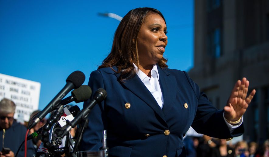New York Attorney General Letitia James, speaks after pleading not guilty outside the United States District Court, on Oct. 24, 2025, in Norfolk, Va. (AP Photo/John Clark, File)