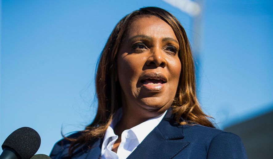 New York Attorney General, Letitia James, speaks after pleading not guilty outside the United States District Court Oct. 24, 2025, in Norfolk, Va. (AP Photo/John Clark, File)