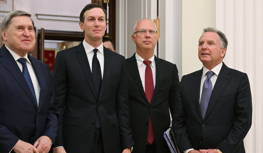 U.S. special envoy Steve Witkoff, right, Russian presidential foreign policy adviser Yuri Ushakov, left, Russian Direct Investment Fund CEO Kirill Dmitriev, second right, and Jared Kushner, U.S. President Donald Trump’s son-in-law, arrive for meetings in Moscow, on Dec. 2, 2025. (Kristina Kormilitsyna, Sputnik, Kremlin Pool Photo via AP, File)