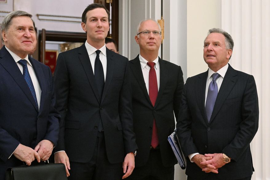 U.S. special envoy Steve Witkoff, right, Russian presidential foreign policy adviser Yuri Ushakov, left, Russian Direct Investment Fund CEO Kirill Dmitriev, second right, and Jared Kushner, U.S. President Donald Trump’s son-in-law, arrive for meetings in Moscow, on Dec. 2, 2025. (Kristina Kormilitsyna, Sputnik, Kremlin Pool Photo via AP, File)