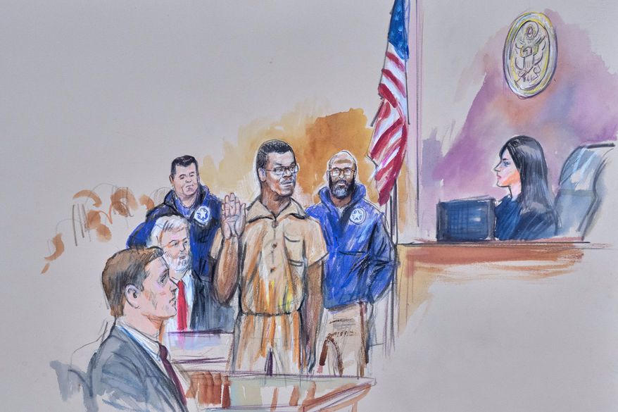 This courtroom sketch depicts Brian Cole Jr., 30, of Woodbridge, Va., the man accused of planting a pair of pipe bombs outside the headquarters of the Republican and Democratic national parties on Jan. 5, 2021, in Washington, being sworn in, Friday, Dec. 5, 2025 before U.S. Magistrate Moxila Upadhyaya, at Federal Court in Washington, as U.S. Attorney Charles Jones, seated left, and Defense Attorney John Shoreman, seated center, look on. (Dana Verkouteren via AP)