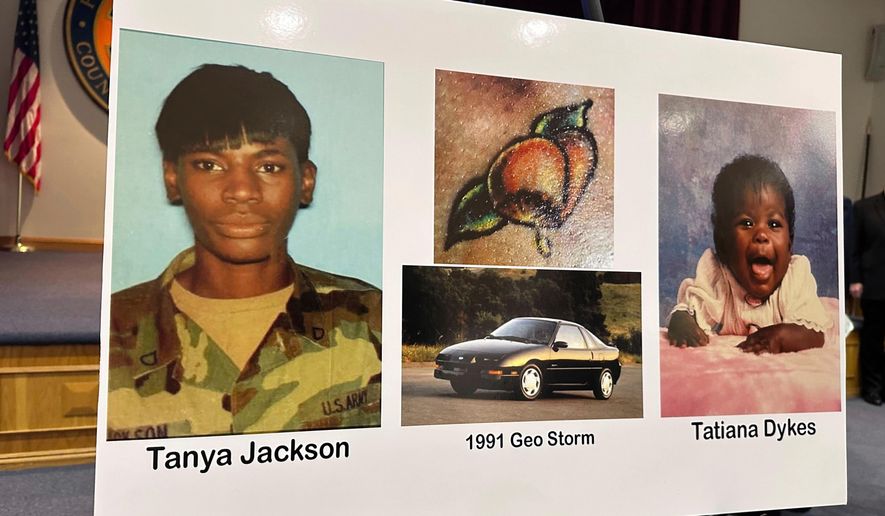 Nassau County police and prosecutors display photos of Tanya Jackson and Tatiana Dykes, whose remains were found near Long Island's Gilgo Beach, during a news conference, Wednesday, April 23, 2025, in Mineola, N.Y. (AP Photo/Philip Marcelo, File)