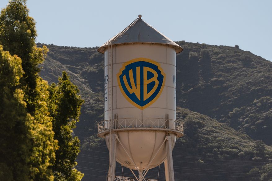 The Warner Bros. water tower is seen at Warner Bros. Studios in Burbank, Calif., Friday, Dec. 5, 2025. (AP Photo/Jae C. Hong)
