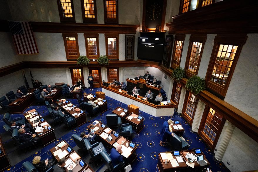 FILE - Senators meet in the senate chamber at the Statehouse, Feb. 1, 2024, in Indianapolis. (AP Photo/Darron Cummings, file)
