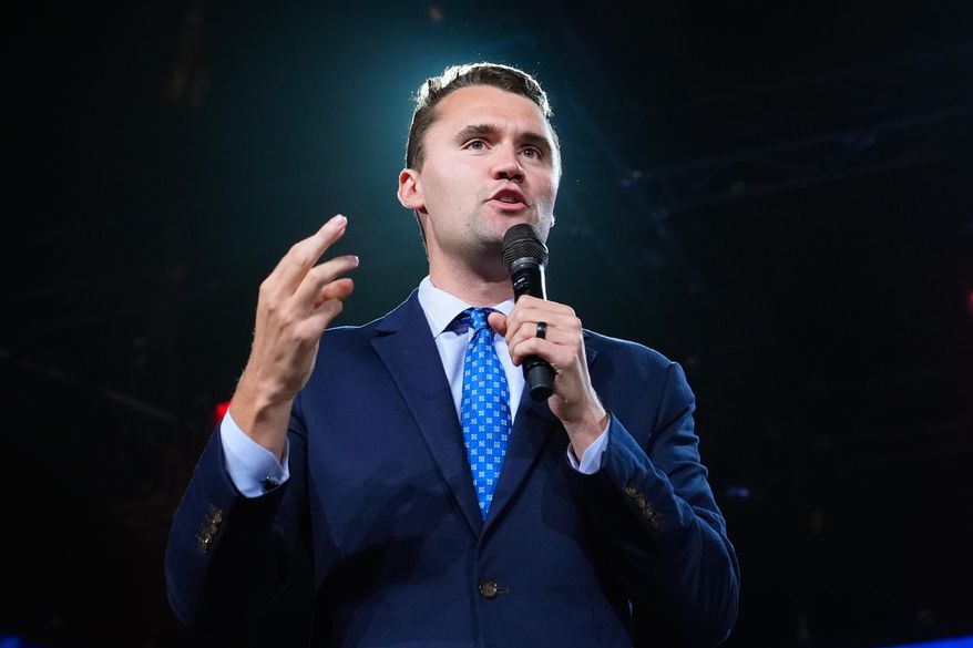 Turning Point USA Founder Charlie Kirk speaks at a Turning Point event prior to Republican vice presidential nominee, Sen. J.D. Vance, R-Ohio, speaking, Sept. 4, 2024, in Mesa, Ariz. (AP Photo/Ross D. Franklin, File)