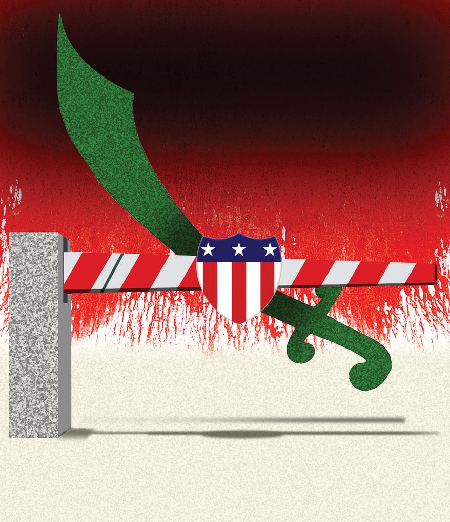 Stopping the anti-American and antisemitic third-world Muslim migration threat in the United States of America illustration by Alexander Hunter/The Washington Times