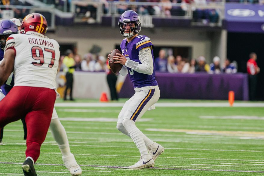 Minnesota Vikings Quarterback J.J. McCarthy (9) looks for open Tight End Josh Oliver (84) for a touchdown at U.S. Bank Stadium in Minneapolis, Minnesota. The Minnesota Vikings defeated the Washington Commanders 31-0 during NFL Week 14 on December 7th, 2025. (Photo by Jordan Sabillo for Washington Times)